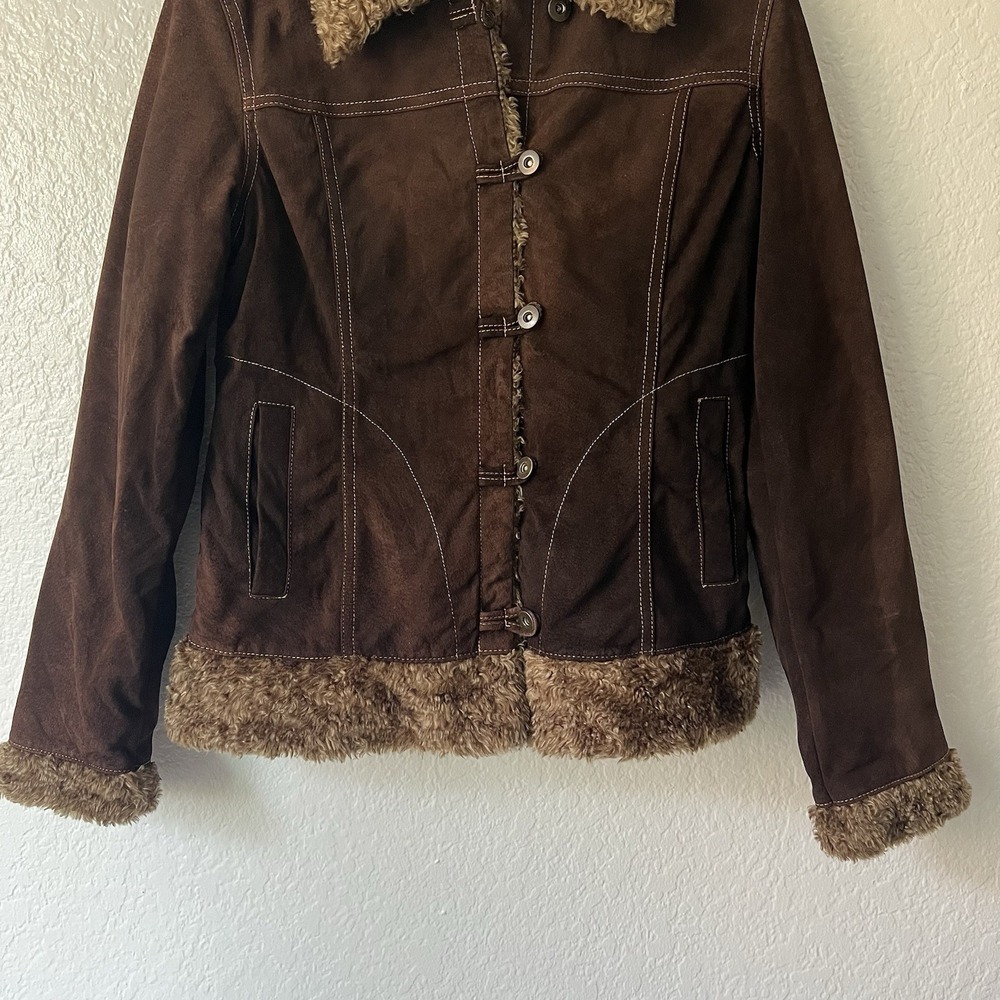 Vintage 90s Y2K Leather Jacket Brown Faux Fur Medium Dark Academia Whimsigoth - Picture 3 of 9